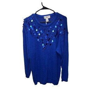 EMT Sweater Women M Blue Silk Angora LambsWool Knit Beaded Sequin Vintage